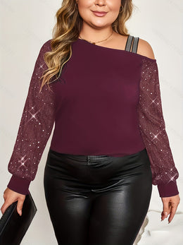 jkthpu-45 Plus Size - Plus Size, Women'S Elegant Off-the-Shoulder T-Shirt - Long Bell Sleeves, Stretchy Formal & Everyday Tops for Parties, Dates, Office - Plus Size Friendly Chic Blouse, Date Night Outfit, Retro Streetwear, Comfortable Fit, Stylish Top