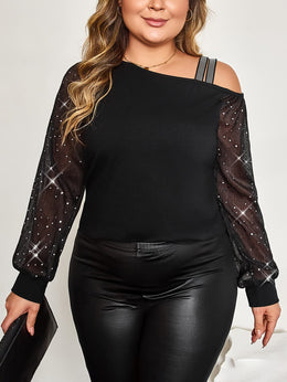 jkthpu-45 Plus Size - Plus Size, Women'S Elegant Off-the-Shoulder T-Shirt - Long Bell Sleeves, Stretchy Formal & Everyday Tops for Parties, Dates, Office - Plus Size Friendly Chic Blouse, Date Night Outfit, Retro Streetwear, Comfortable Fit, Stylish Top