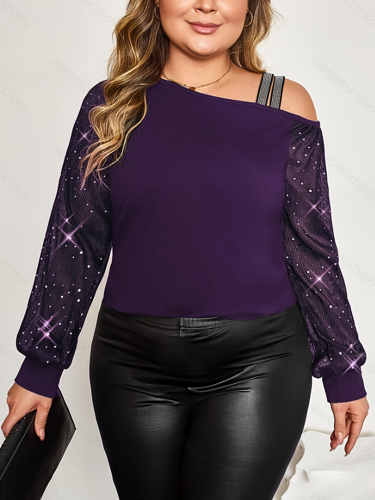 jkthpu-45 Plus Size - Plus Size, Women'S Elegant Off-the-Shoulder T-Shirt - Long Bell Sleeves, Stretchy Formal & Everyday Tops for Parties, Dates, Office - Plus Size Friendly Chic Blouse, Date Night Outfit, Retro Streetwear, Comfortable Fit, Stylish Top