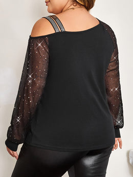 jkthpu-45 Plus Size - Plus Size, Women'S Elegant Off-the-Shoulder T-Shirt - Long Bell Sleeves, Stretchy Formal & Everyday Tops for Parties, Dates, Office - Plus Size Friendly Chic Blouse, Date Night Outfit, Retro Streetwear, Comfortable Fit, Stylish Top