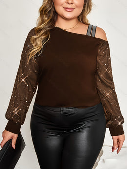 jkthpu-45 Plus Size - Plus Size, Women'S Elegant Off-the-Shoulder T-Shirt - Long Bell Sleeves, Stretchy Formal & Everyday Tops for Parties, Dates, Office - Plus Size Friendly Chic Blouse, Date Night Outfit, Retro Streetwear, Comfortable Fit, Stylish Top