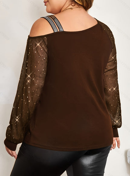 jkthpu-45 Plus Size - Plus Size, Women'S Elegant Off-the-Shoulder T-Shirt - Long Bell Sleeves, Stretchy Formal & Everyday Tops for Parties, Dates, Office - Plus Size Friendly Chic Blouse, Date Night Outfit, Retro Streetwear, Comfortable Fit, Stylish Top