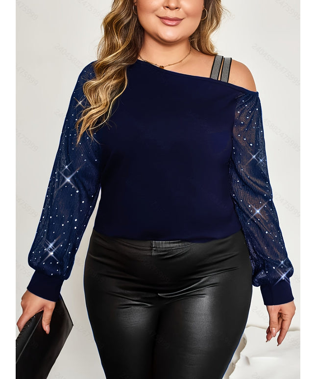 jkthpu-45 Plus Size - Plus Size, Women'S Elegant Off-the-Shoulder T-Shirt - Long Bell Sleeves, Stretchy Formal & Everyday Tops for Parties, Dates, Office - Plus Size Friendly Chic Blouse, Date Night Outfit, Retro Streetwear, Comfortable Fit, Stylish Top