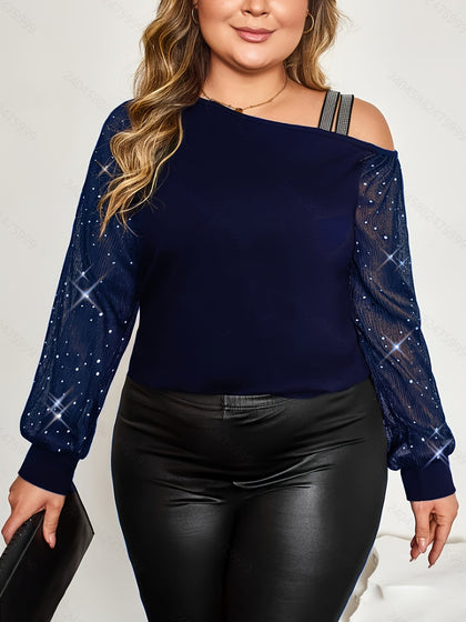 jkthpu-45 Plus Size - Plus Size, Women'S Elegant Off-the-Shoulder T-Shirt - Long Bell Sleeves, Stretchy Formal & Everyday Tops for Parties, Dates, Office - Plus Size Friendly Chic Blouse, Date Night Outfit, Retro Streetwear, Comfortable Fit, Stylish Top