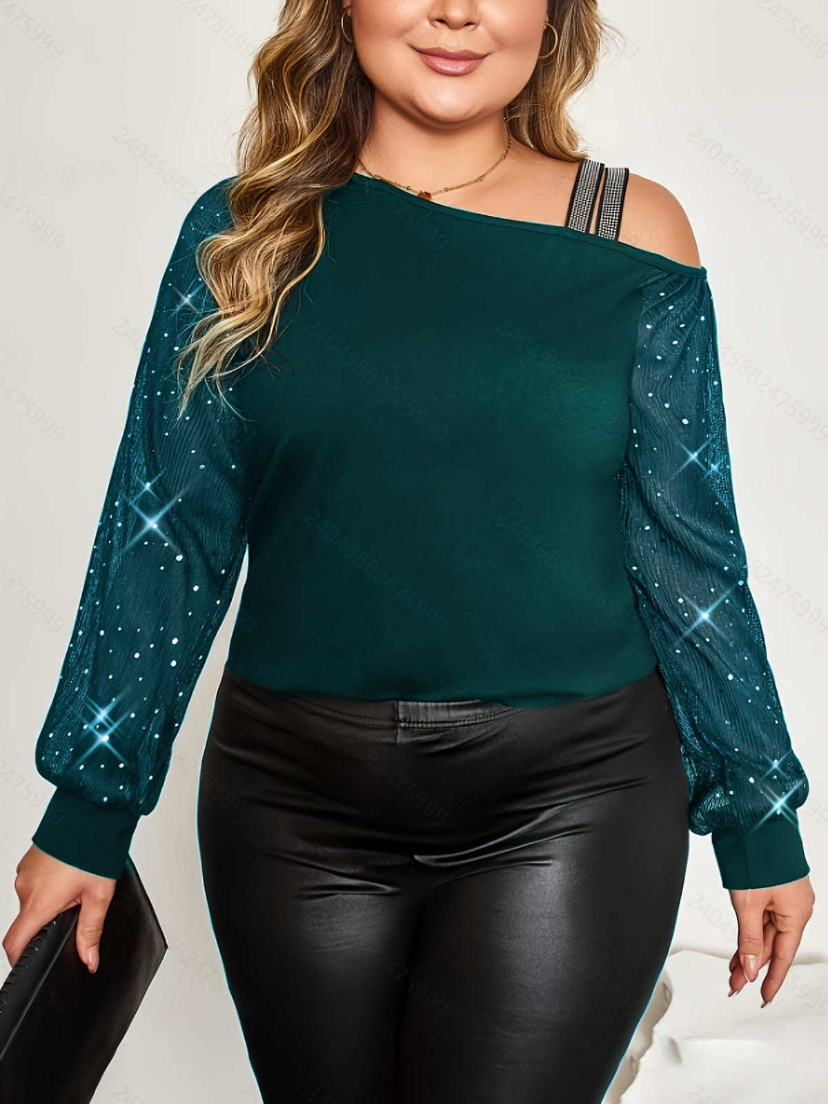 jkthpu-45 Plus Size - Plus Size, Women'S Elegant Off-the-Shoulder T-Shirt - Long Bell Sleeves, Stretchy Formal & Everyday Tops for Parties, Dates, Office - Plus Size Friendly Chic Blouse, Date Night Outfit, Retro Streetwear, Comfortable Fit, Stylish Top