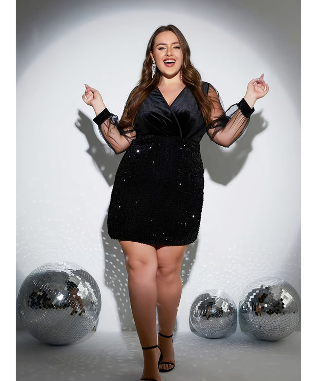 jkthpu-45 Plus Size - Plus Size, Women'S Elegant Party Dress - Formal Evening Gown with V-Neck, Glamorous Black Formal event attire for Galas, Proms, Weddings - Elegant Evening Outfits for Women, Formal Dresses, for Galaxy Dress, Vneck Design, Sequined Detailing, S