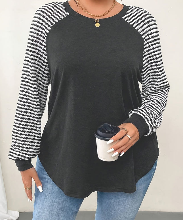KissICON Plus Size - Plus Size Women'S Elegant Striped Long Sleeve T-Shirt - Black & White Contrast Design, Breathable Machine-Washable Fabric, Versatile Casual Top for Casual Attire, Allseason Top | Contrast Color Top | Comfortable F