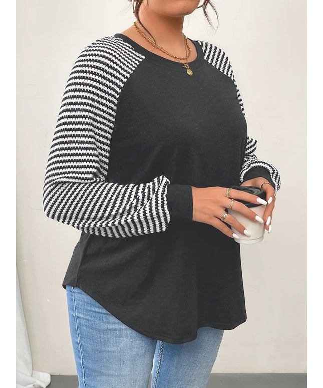 KissICON Plus Size - Plus Size Women'S Elegant Striped Long Sleeve T-Shirt - Black & White Contrast Design, Breathable Machine-Washable Fabric, Versatile Casual Top for Casual Attire, Allseason Top | Contrast Color Top | Comfortable F