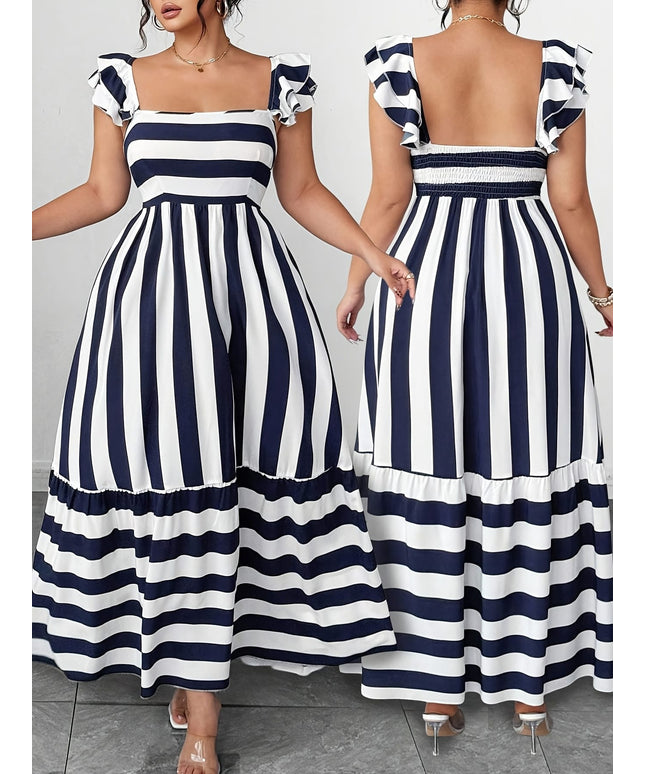 jkthpu-45 Plus Size - Plus Size Women'S Elegant Summer A-Line Dress with Ruffle Sleeves & Tiered Ruffle Hem - Navy Blue & White Striped Vacation Dress, Square Neck, Flowy Maxi Design for Beach, Pool, or Casual Outings, Beach Dresses, Poolside Attire, Tiered Skirt S