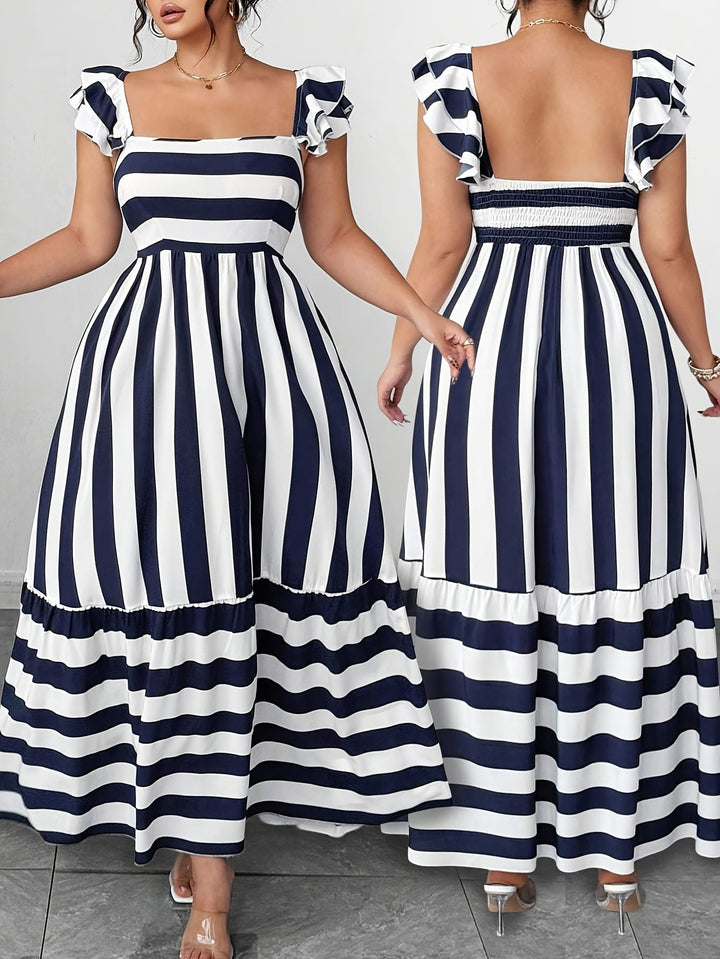 Plus Size - Plus Size Women'S Elegant Summer A-Line Dress with Ruffle Sleeves & Tiered Ruffle Hem - Navy Blue & White Striped Vacation Dress, Square Neck, Flowy Maxi Design for Beach, Pool, or Casual Outings, Beach Dresses, Poolside Attire, Tiered Skirt S