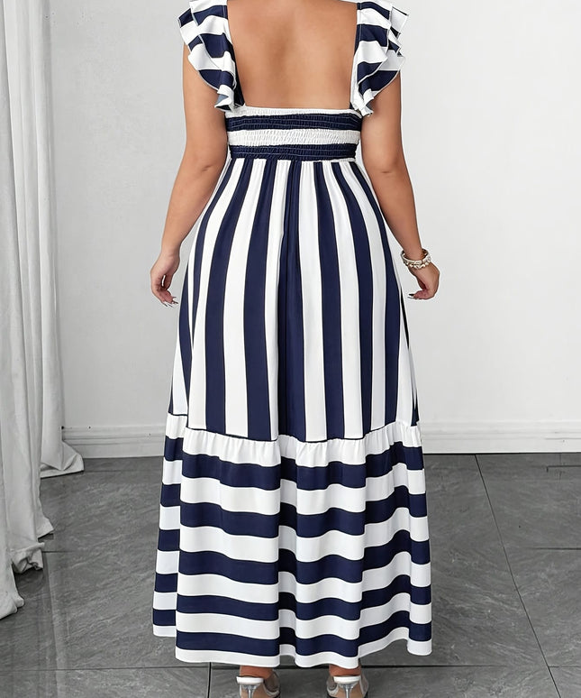 jkthpu-45 Plus Size - Plus Size Women'S Elegant Summer A-Line Dress with Ruffle Sleeves & Tiered Ruffle Hem - Navy Blue & White Striped Vacation Dress, Square Neck, Flowy Maxi Design for Beach, Pool, or Casual Outings, Beach Dresses, Poolside Attire, Tiered Skirt S