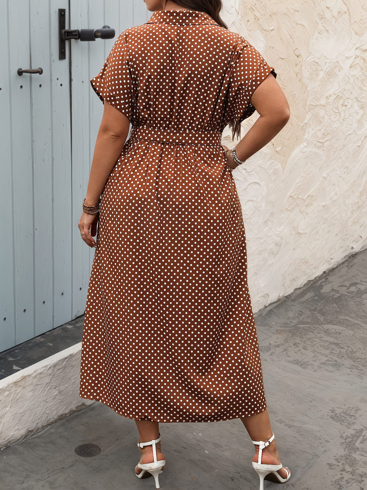 jkthpu-45 Plus Size - Plus Size Women'S Elegant Summer V-Neck Polka Dot Print Dress - Chic Waist-Cinching Long Dress with Side Slit, Belted, Short Sleeves, and Flowy Hem for Casual or Weekend Outings, Casual Summer Dresses, Quality Fabric Dress