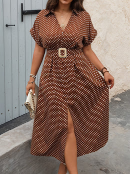 jkthpu-45 Plus Size - Plus Size Women'S Elegant Summer V-Neck Polka Dot Print Dress - Chic Waist-Cinching Long Dress with Side Slit, Belted, Short Sleeves, and Flowy Hem for Casual or Weekend Outings, Casual Summer Dresses, Quality Fabric Dress