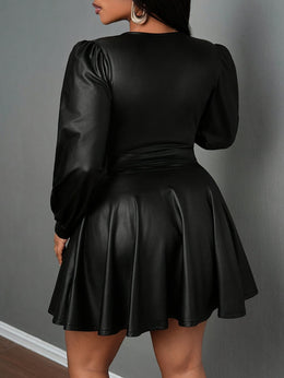 jkthpu-45 Plus Size - Plus Size Women'S Elegant V-Neck Lantern Sleeve A-Line Skirt - Stretchy Fitted Party Dress with Belt, Long Sleeves & Deep Side Pockets for Casual to Formal Events, Versatile Fashion, Sophisticated Style, Smooth Texture