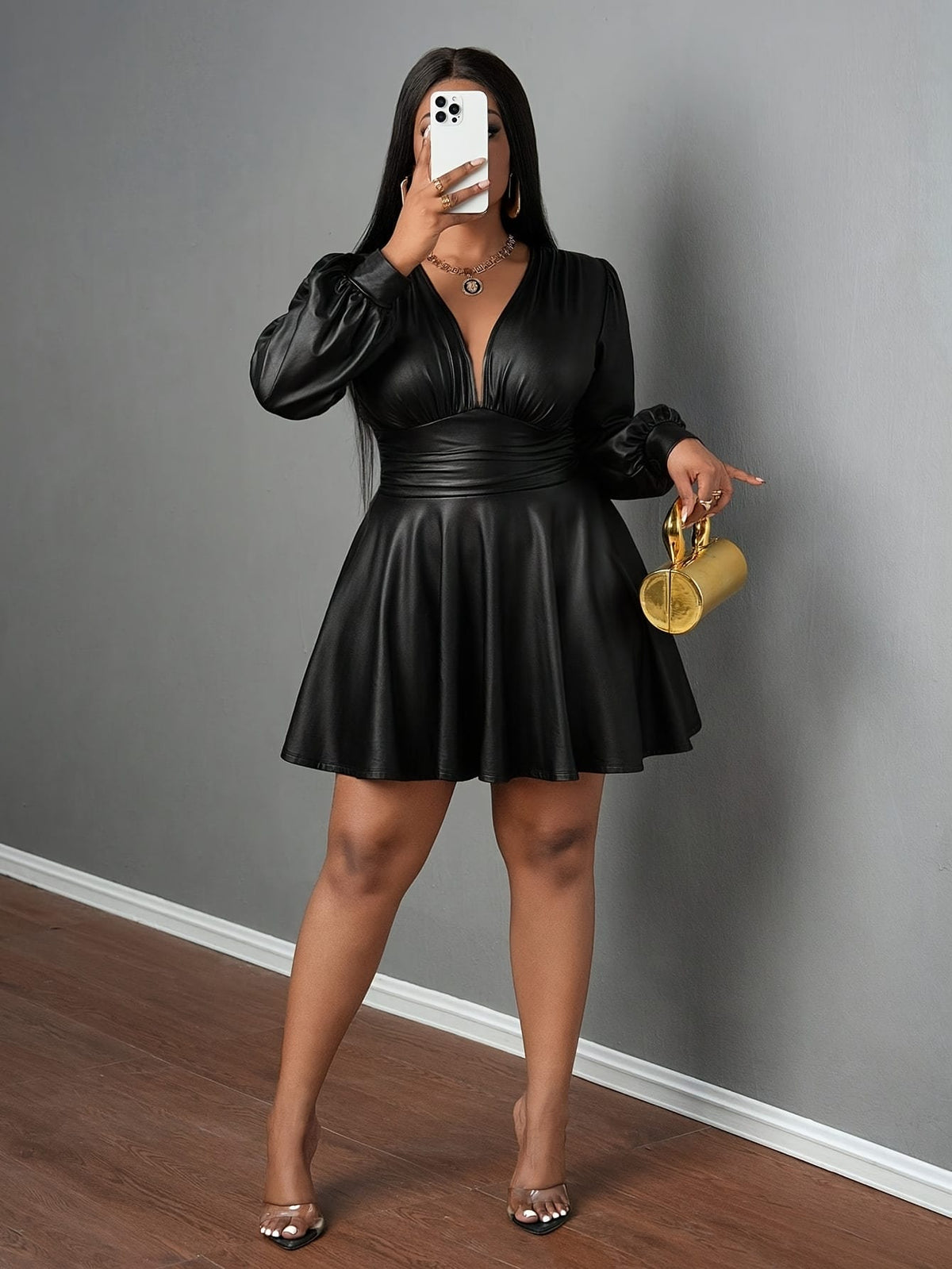 jkthpu-45 Plus Size - Plus Size Women'S Elegant V-Neck Lantern Sleeve A-Line Skirt - Stretchy Fitted Party Dress with Belt, Long Sleeves & Deep Side Pockets for Casual to Formal Events, Versatile Fashion, Sophisticated Style, Smooth Texture