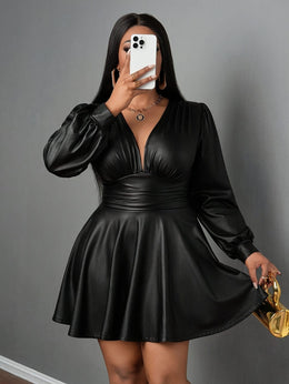 jkthpu-45 Plus Size - Plus Size Women'S Elegant V-Neck Lantern Sleeve A-Line Skirt - Stretchy Fitted Party Dress with Belt, Long Sleeves & Deep Side Pockets for Casual to Formal Events, Versatile Fashion, Sophisticated Style, Smooth Texture