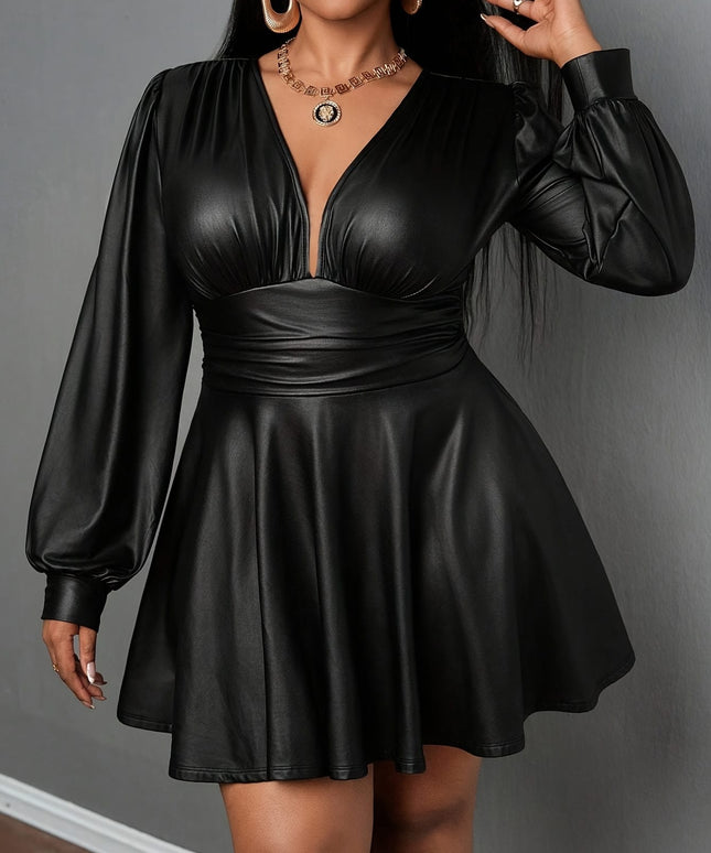 jkthpu-45 Plus Size - Plus Size Women'S Elegant V-Neck Lantern Sleeve A-Line Skirt - Stretchy Fitted Party Dress with Belt, Long Sleeves & Deep Side Pockets for Casual to Formal Events, Versatile Fashion, Sophisticated Style, Smooth Texture