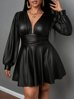 jkthpu-45 Plus Size - Plus Size Women'S Elegant V-Neck Lantern Sleeve A-Line Skirt - Stretchy Fitted Party Dress with Belt, Long Sleeves & Deep Side Pockets for Casual to Formal Events, Versatile Fashion, Sophisticated Style, Smooth Texture