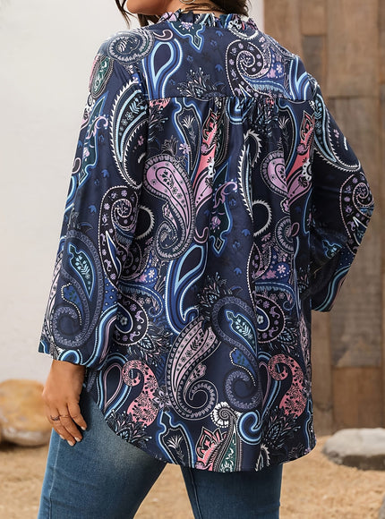 KissICON Plus Size - Plus Size Women'S Elegant V-Neck Paisley Print Blouse - Non-Stretch Fabric, Notched Collar, Long Sleeve, Floral Pattern, Spring/Summer/Fall Fashion Top, Spring Summer Fashion | Vneck Blouse | Nonstretch Fabric, La