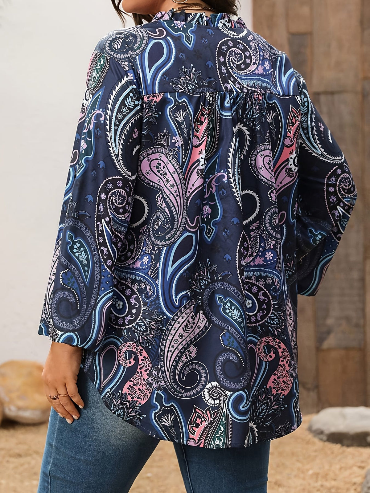 KissICON Plus Size - Plus Size Women'S Elegant V-Neck Paisley Print Blouse - Non-Stretch Fabric, Notched Collar, Long Sleeve, Floral Pattern, Spring/Summer/Fall Fashion Top, Spring Summer Fashion | Vneck Blouse | Nonstretch Fabric, La