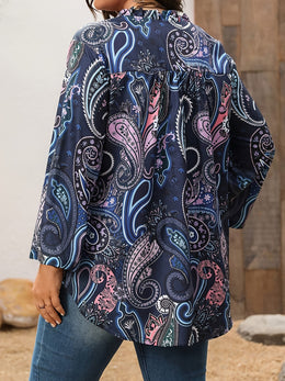 KissICON Plus Size - Plus Size Women'S Elegant V-Neck Paisley Print Blouse - Non-Stretch Fabric, Notched Collar, Long Sleeve, Floral Pattern, Spring/Summer/Fall Fashion Top, Spring Summer Fashion | Vneck Blouse | Nonstretch Fabric, La
