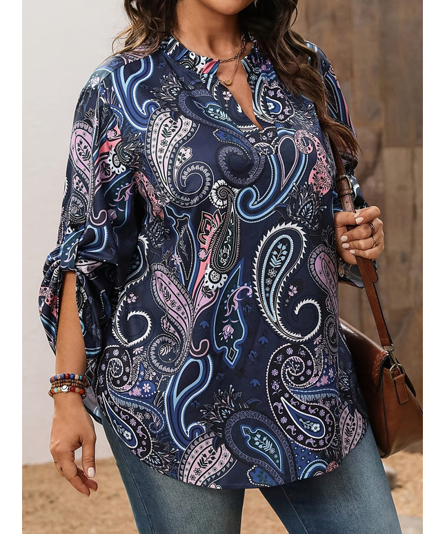 KissICON Plus Size - Plus Size Women'S Elegant V-Neck Paisley Print Blouse - Non-Stretch Fabric, Notched Collar, Long Sleeve, Floral Pattern, Spring/Summer/Fall Fashion Top, Spring Summer Fashion | Vneck Blouse | Nonstretch Fabric, La