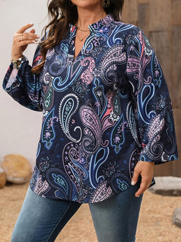 KissICON Plus Size - Plus Size Women'S Elegant V-Neck Paisley Print Blouse - Non-Stretch Fabric, Notched Collar, Long Sleeve, Floral Pattern, Spring/Summer/Fall Fashion Top, Spring Summer Fashion | Vneck Blouse | Nonstretch Fabric, La