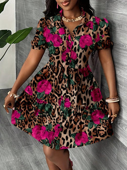 jkthpu-45 Plus Size - Plus Size Women'S Floral Print Casual Dress - Elegant Rose & Leopard Print, Short Sleeve, Mid-Length, Perfect for Summer and Vacation, Vacation Attire | Floral Print Dress | Nonstretch Fabric