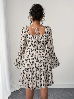 jkthpu-45 Plus Size - Plus Size Women'S Floral Print Mini Dress - Elegant Bell Sleeves, Tie-Back Detail, Slim Fit, Casual Summer Dress with V-Neck and Long Sleeves for Vacation or Casual Attire, Vacation Dress | Floral Print Dress | Glossy Fabric