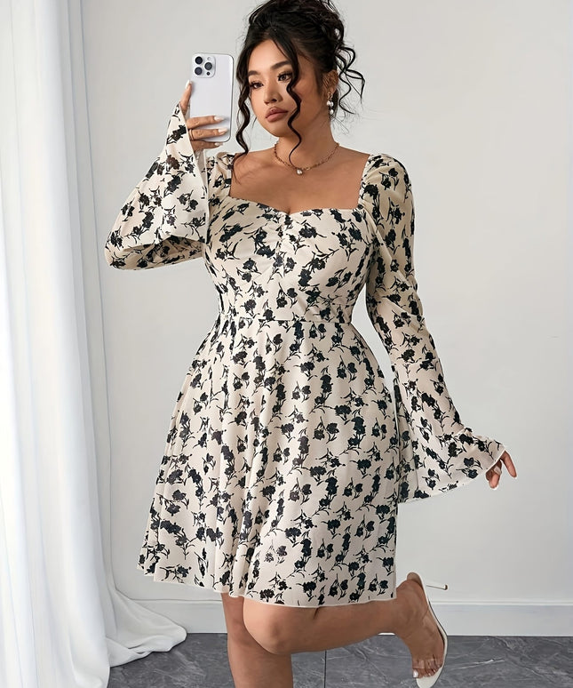 jkthpu-45 Plus Size - Plus Size Women'S Floral Print Mini Dress - Elegant Bell Sleeves, Tie-Back Detail, Slim Fit, Casual Summer Dress with V-Neck and Long Sleeves for Vacation or Casual Attire, Vacation Dress | Floral Print Dress | Glossy Fabric