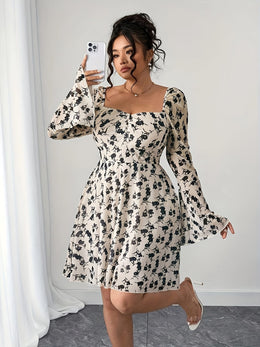 jkthpu-45 Plus Size - Plus Size Women'S Floral Print Mini Dress - Elegant Bell Sleeves, Tie-Back Detail, Slim Fit, Casual Summer Dress with V-Neck and Long Sleeves for Vacation or Casual Attire, Vacation Dress | Floral Print Dress | Glossy Fabric
