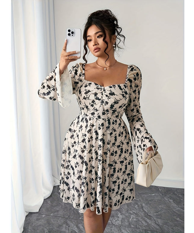 jkthpu-45 Plus Size - Plus Size Women'S Floral Print Mini Dress - Elegant Bell Sleeves, Tie-Back Detail, Slim Fit, Casual Summer Dress with V-Neck and Long Sleeves for Vacation or Casual Attire, Vacation Dress | Floral Print Dress | Glossy Fabric