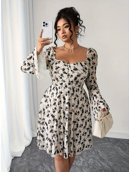 jkthpu-45 Plus Size - Plus Size Women'S Floral Print Mini Dress - Elegant Bell Sleeves, Tie-Back Detail, Slim Fit, Casual Summer Dress with V-Neck and Long Sleeves for Vacation or Casual Attire, Vacation Dress | Floral Print Dress | Glossy Fabric