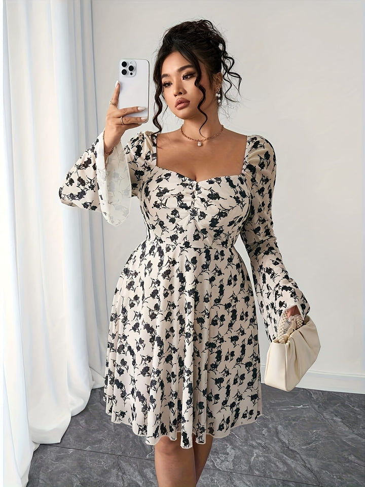 Plus Size - Plus Size Women'S Floral Print Mini Dress - Elegant Bell Sleeves, Tie-Back Detail, Slim Fit, Casual Summer Dress with V-Neck and Long Sleeves for Vacation or Casual Attire, Vacation Dress | Floral Print Dress | Glossy Fabric