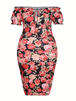 jkthpu-45 Plus Size, Plus Size Women's Floral Print Off-the-Shoulder Dress - Stretchy Bodycon Midi Dress with Lace-Up Detail & Bell Sleeves, Machine Washable for Vacation, Evening Out, Spring/Summer, Cute Dress, Spring Fashion, Breezy Outfit, Comfortable Fit