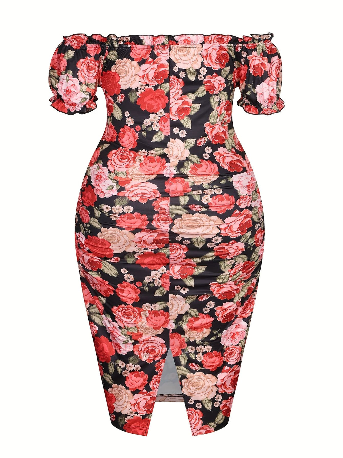 jkthpu-45 Plus Size, Plus Size Women's Floral Print Off-the-Shoulder Dress - Stretchy Bodycon Midi Dress with Lace-Up Detail & Bell Sleeves, Machine Washable for Vacation, Evening Out, Spring/Summer, Cute Dress, Spring Fashion, Breezy Outfit, Comfortable Fit