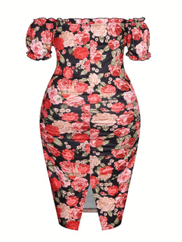 jkthpu-45 Plus Size, Plus Size Women's Floral Print Off-the-Shoulder Dress - Stretchy Bodycon Midi Dress with Lace-Up Detail & Bell Sleeves, Machine Washable for Vacation, Evening Out, Spring/Summer, Cute Dress, Spring Fashion, Breezy Outfit, Comfortable Fit