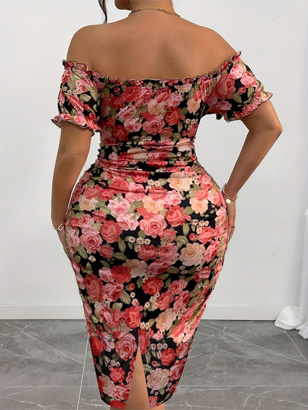 jkthpu-45 Plus Size, Plus Size Women's Floral Print Off-the-Shoulder Dress - Stretchy Bodycon Midi Dress with Lace-Up Detail & Bell Sleeves, Machine Washable for Vacation, Evening Out, Spring/Summer, Cute Dress, Spring Fashion, Breezy Outfit, Comfortable Fit