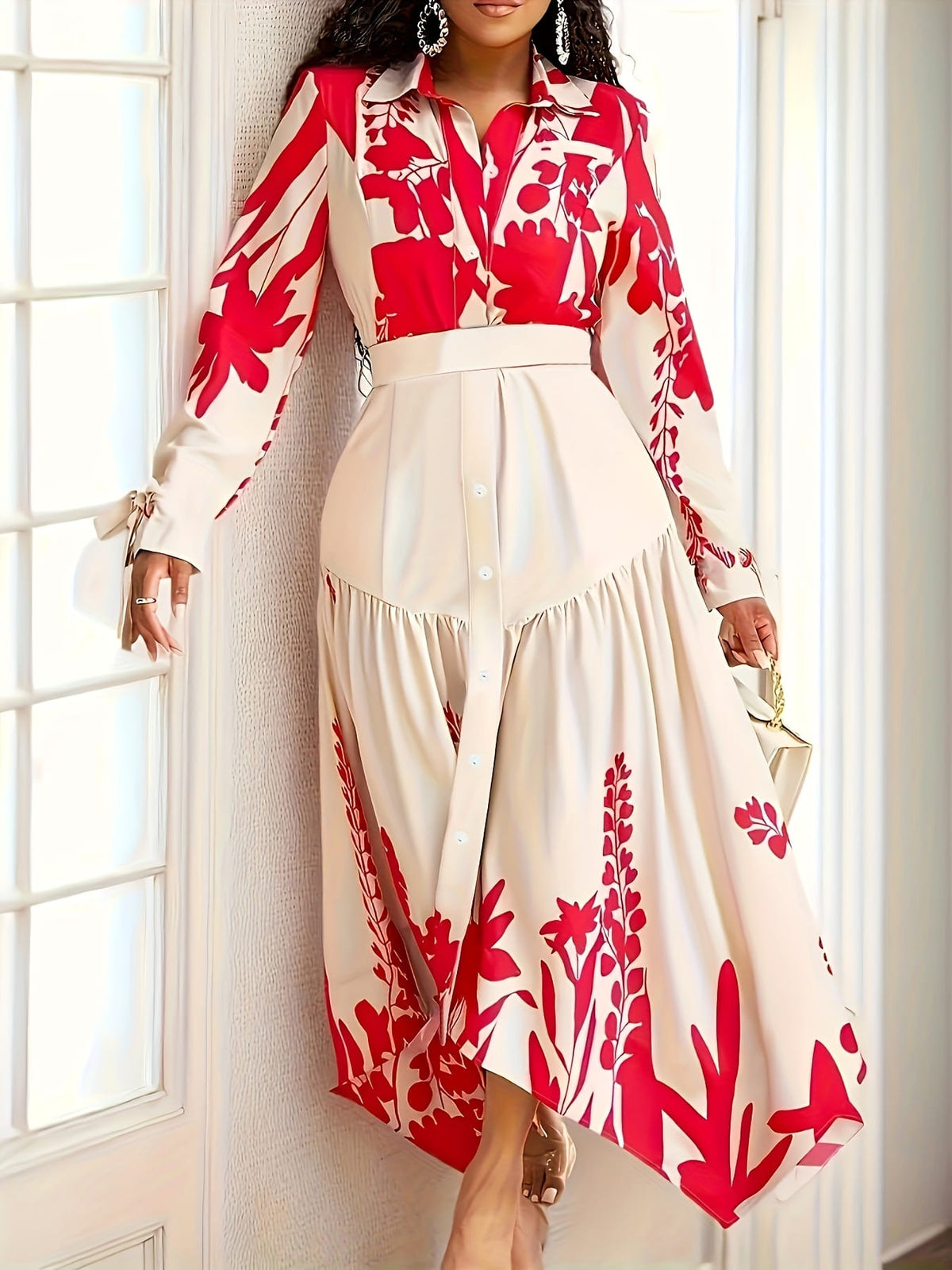 jkthpu-45 Plus Size - Plus Size - Women'S Floral Print Pencil Dress with Belt - Long Sleeve, V-Neck, High-Waisted, Button-Up Front, Lightweight, Perfect for Spring & Fall, Casual to Formal Wear, Casual Dressing | Vneck Dress | Fabric