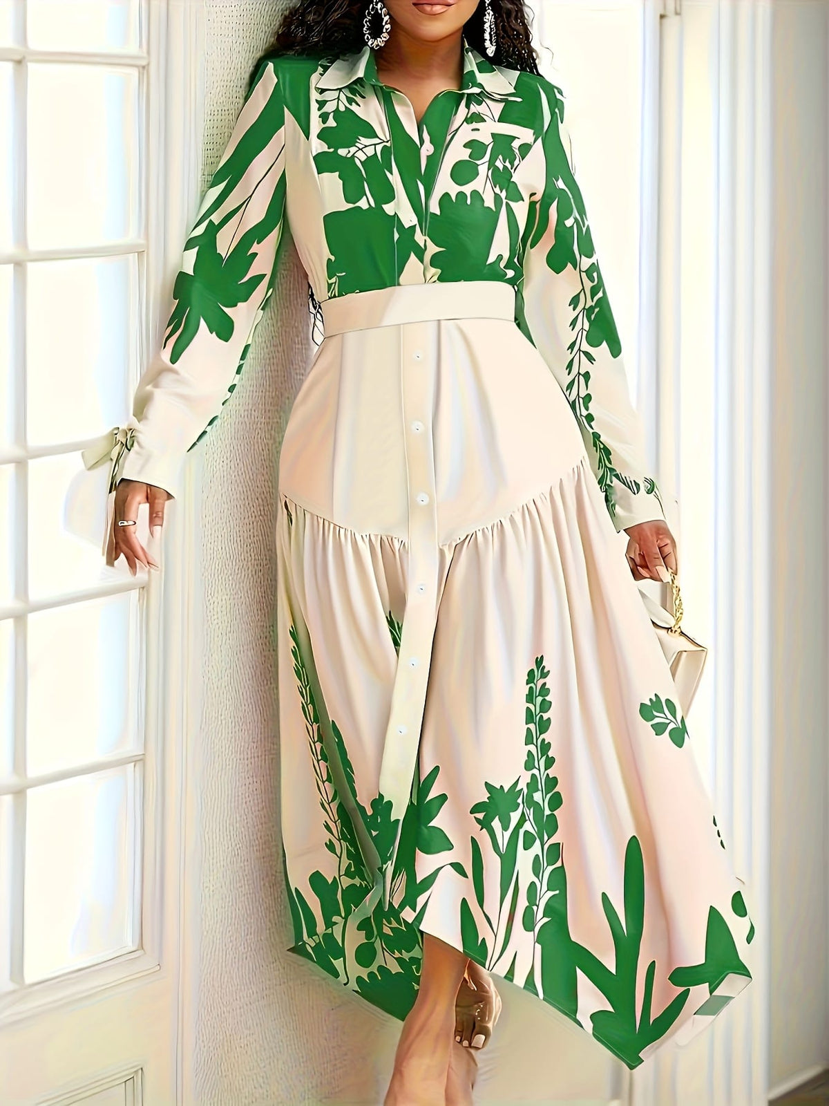 jkthpu-45 Plus Size - Plus Size - Women'S Floral Print Pencil Dress with Belt - Long Sleeve, V-Neck, High-Waisted, Button-Up Front, Lightweight, Perfect for Spring & Fall, Casual to Formal Wear, Casual Dressing | Vneck Dress | Fabric