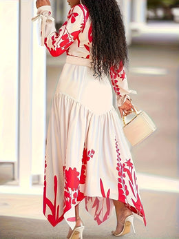 jkthpu-45 Plus Size - Plus Size - Women'S Floral Print Pencil Dress with Belt - Long Sleeve, V-Neck, High-Waisted, Button-Up Front, Lightweight, Perfect for Spring & Fall, Casual to Formal Wear, Casual Dressing | Vneck Dress | Fabric