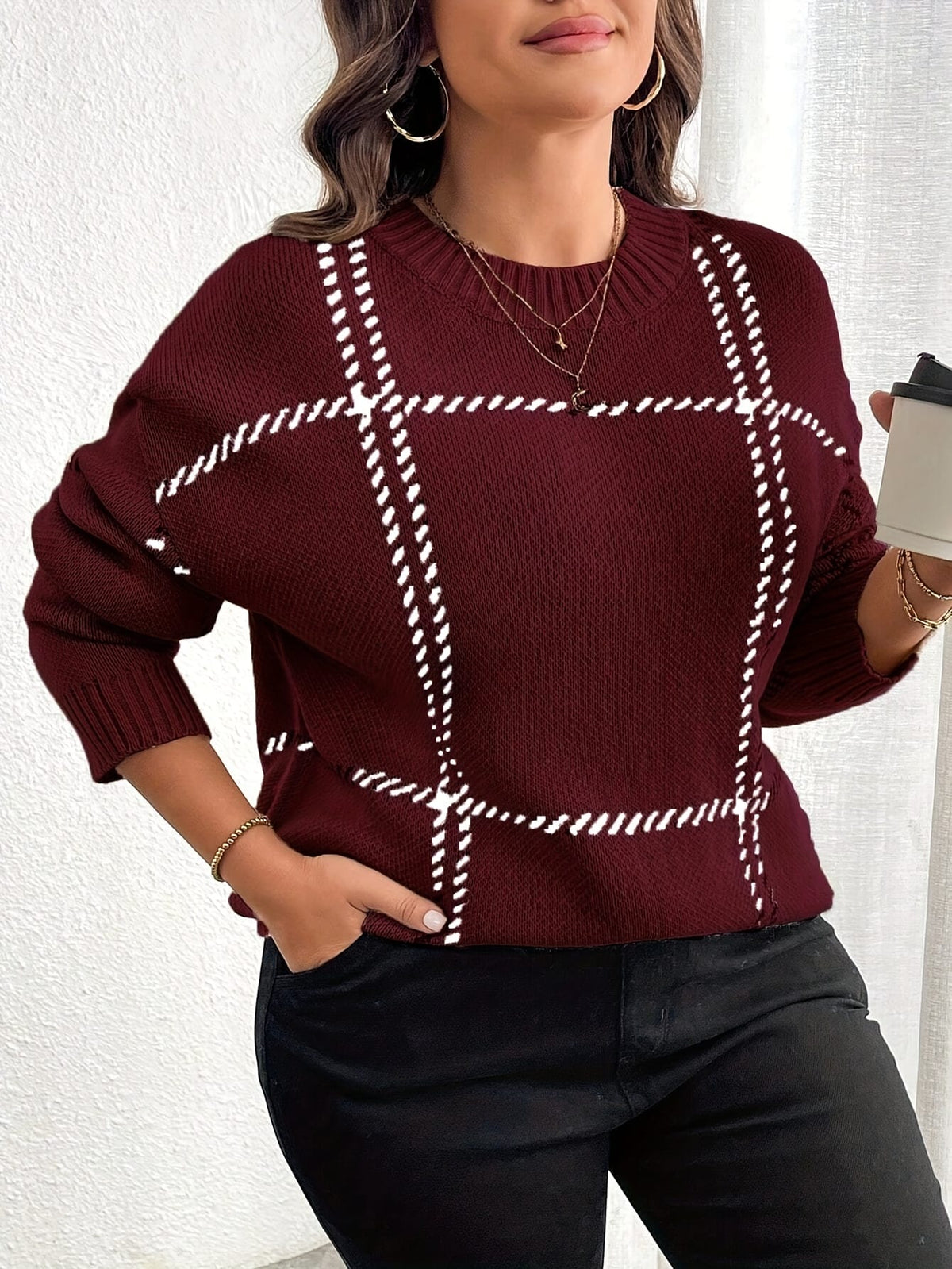 jkthpu-45 Plus Size, Plus Size Women's Geometric Grid Pattern