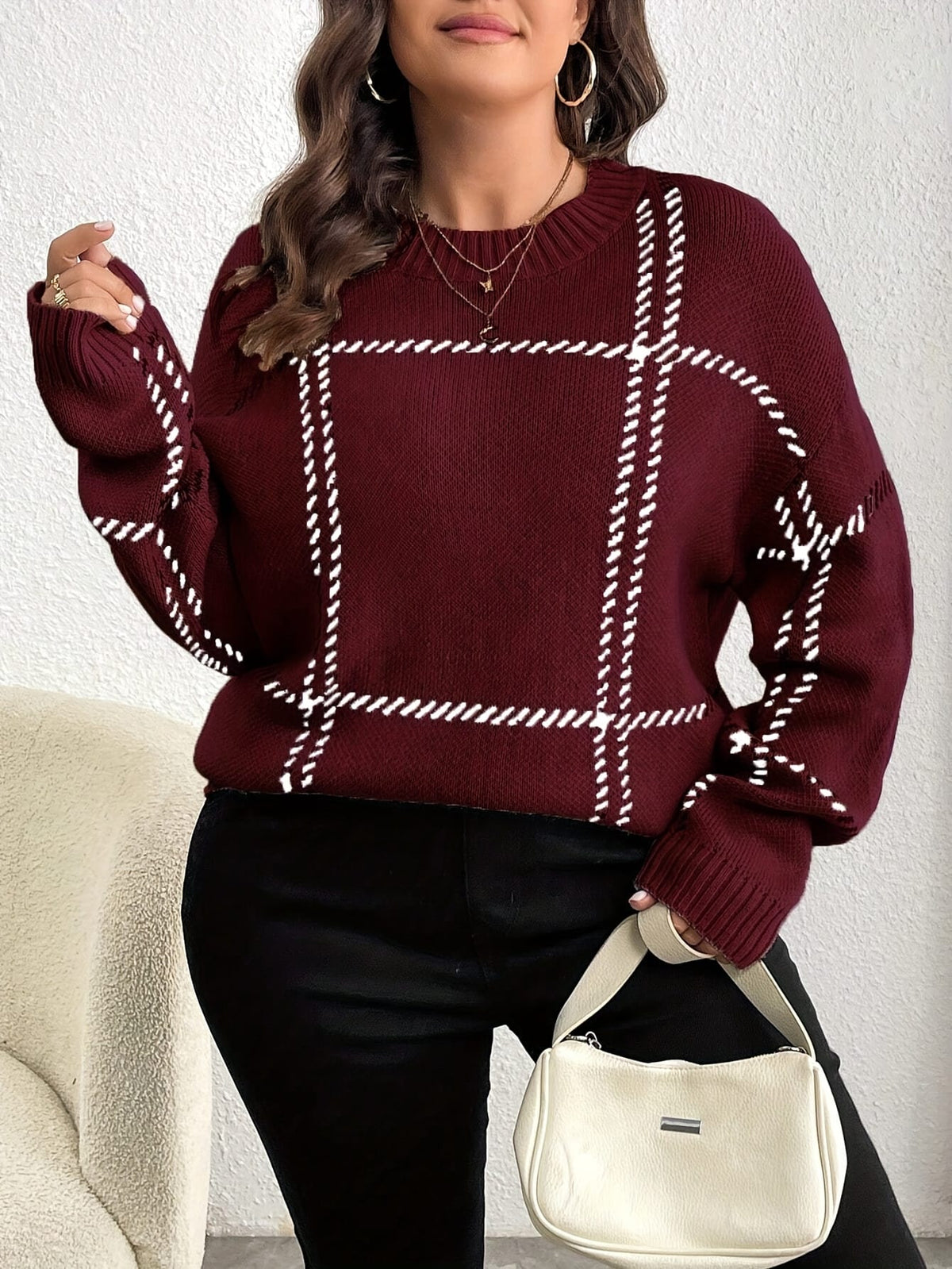 jkthpu-45 Plus Size, Plus Size Women's Geometric Grid Pattern