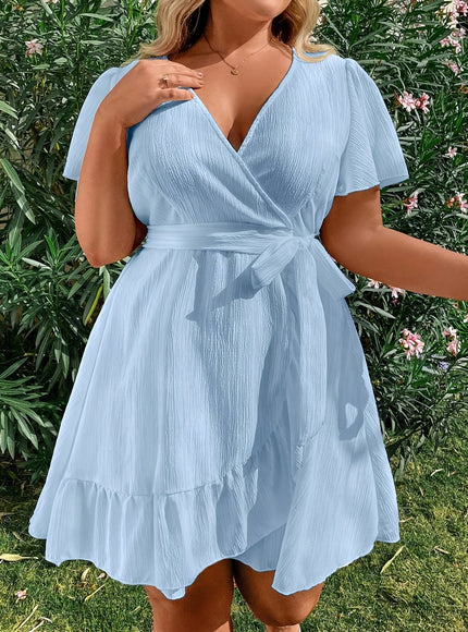jkthpu-45 Plus Size, Plus Size Women's Light Blue V-Neck Short Sleeve Dress with Cross-Over Back & Ruffled Hem - A-Line Beach Vacation Dress in Soft Blue, Machine Washable Resort Wear for Poolside, Casual & Semi-Formal Events