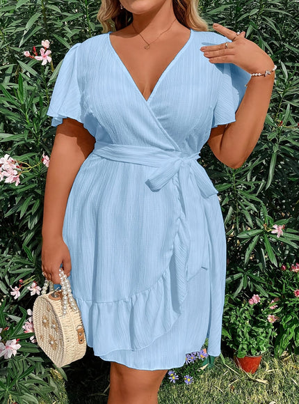 jkthpu-45 Plus Size, Plus Size Women's Light Blue V-Neck Short Sleeve Dress with Cross-Over Back & Ruffled Hem - A-Line Beach Vacation Dress in Soft Blue, Machine Washable Resort Wear for Poolside, Casual & Semi-Formal Events