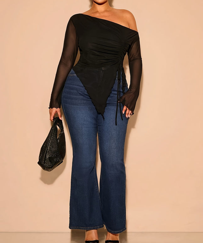 jkthpu-45 Plus Size - Plus Size Women'S Off-Shoulder Mesh Blouse with Bow Detail - Elegant Summer Party Top, Stretchy & Breathable, Perfect for Valentine'S Day & Birthdays, Black, Offshoulder Top