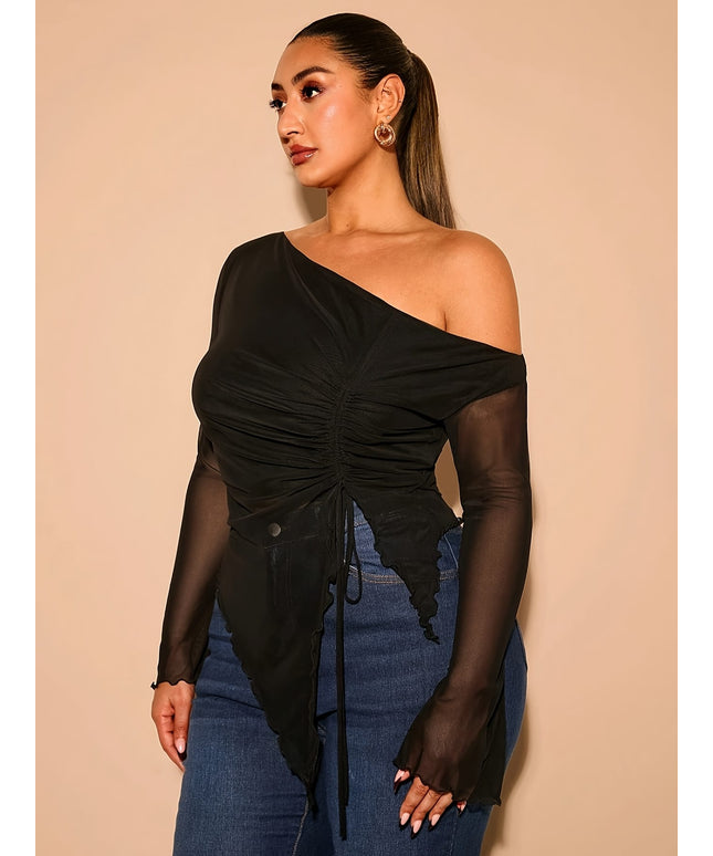 jkthpu-45 Plus Size - Plus Size Women'S Off-Shoulder Mesh Blouse with Bow Detail - Elegant Summer Party Top, Stretchy & Breathable, Perfect for Valentine'S Day & Birthdays, Black, Offshoulder Top