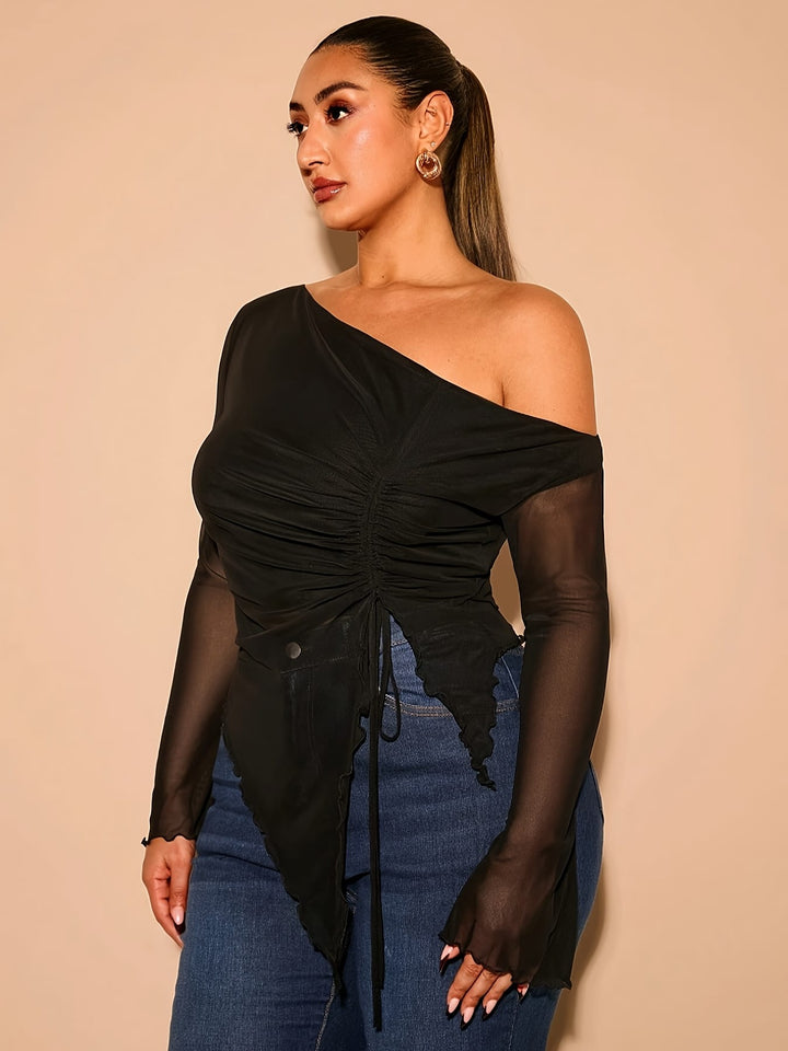 Plus Size - Plus Size Women'S Off-Shoulder Mesh Blouse with Bow Detail - Elegant Summer Party Top, Stretchy & Breathable, Perfect for Valentine'S Day & Birthdays, Black, Offshoulder Top
