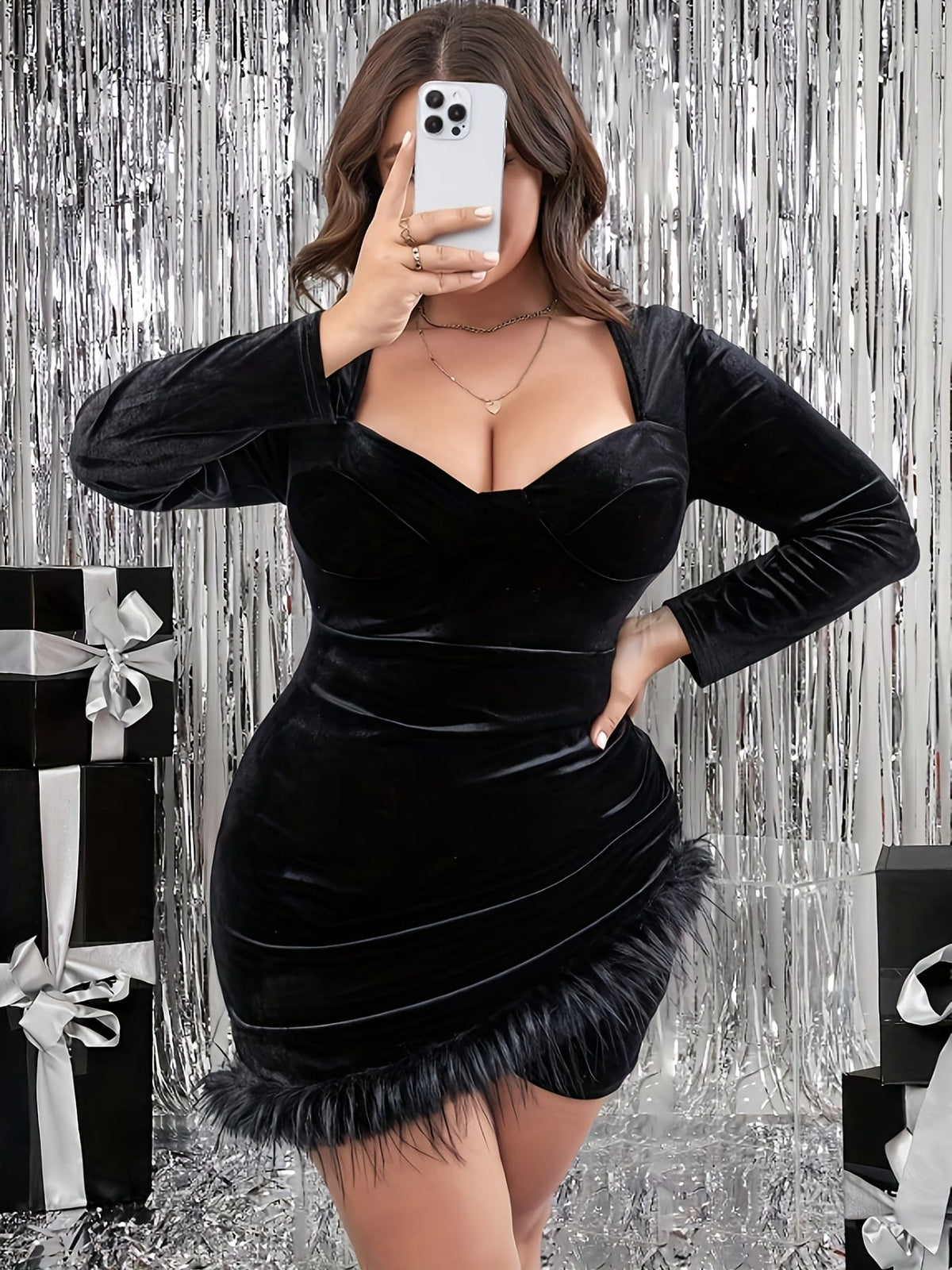 jkthpu-45 Plus Size - Plus Size, Women'S Plus Size Elegant Black Formal & Party Dress - Long Sleeve Bodycon Evening gown, Stretchy Fabric, All-Season Party, Wedding, Gala Attire - Elegant Evening Outfits for Women, Dresses for Wedding Guest Elegant, Wedding Guest A