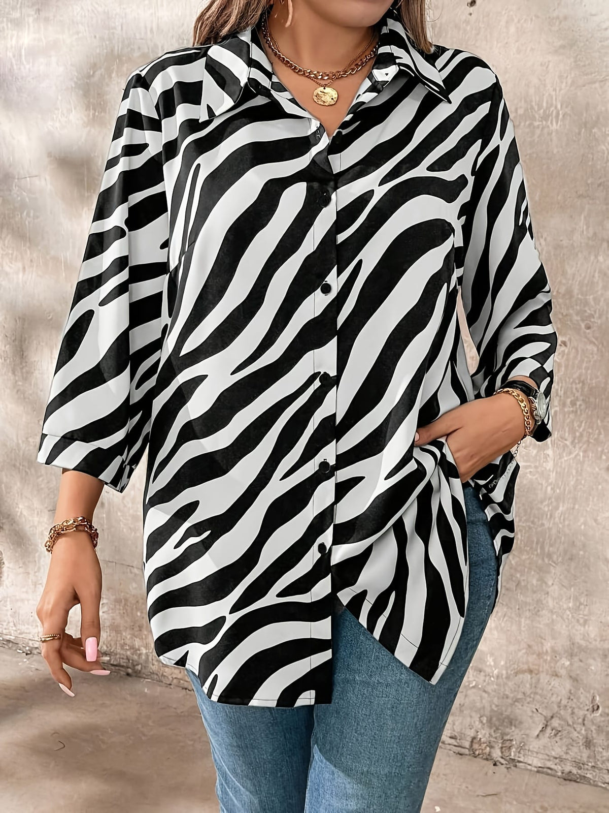 KissICON Plus Size - Plus Size, Women'S Plus Size Elegant Blouse - Long Sleeve Button-Front Shirt in Black & White Zebra Stripe, Loose Fit Non-See-Through Office & Everyday Blouse for Women, All-Season Professional Casual Outfits, Ver